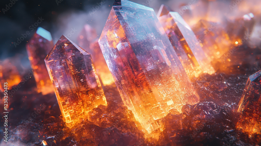 Poster close-up view of crystal data drive with fractal dimensions revealing encrypted cities within