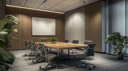 Fototapeta premium A modern D-rendered meeting room with a large whiteboard, sleek office chairs, and a wooden conference table.