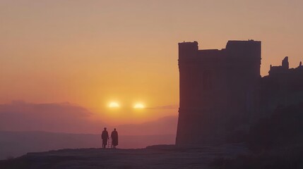 Obraz premium Silhouetted couple admiring sunset over ancient castle ruins.