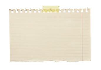 A piece of lined beige paper with a torn bottom edge, secured with a piece of yellow tape at the top, isolated on a white background