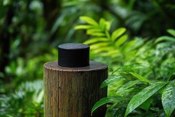 Naklejka premium Black cap atop a wooden post in lush greenery. Perfect for nature, serenity, or environmental themes.