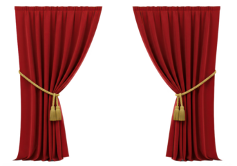 A pair of luxurious red curtains tied back symmetrically, revealing a blank white space in the center, isolated on a white background