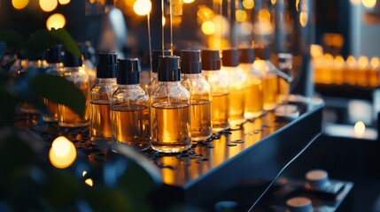 Elegant display of glowing amber bottles on a bar counter