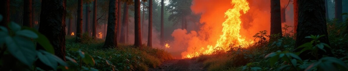 Fototapeta premium Blazing inferno rages through the underbrush of a tropical forest ecosystem, tropical, forest