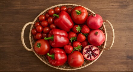 Red Vegetables and Fruits Basket Tomatoes, Peppers, Strawberries, Pomegranates