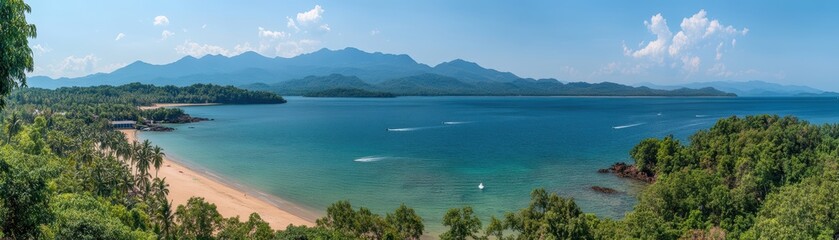 Serene tropical beach panorama.