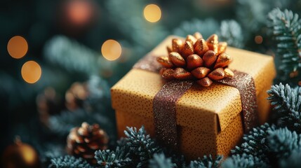 Gift Wrapped in Golden Paper Surrounded by Evergreen Branches. Generative AI