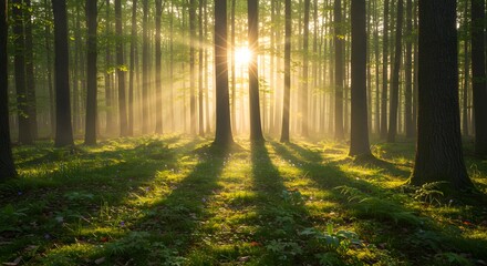 Fototapeta premium Sunlit Forest Sunrise Landscape Photography Print