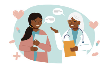 Concept of medicine, healthcare, clinic and treatment. Medical consultation between doctor and patient. Vector hand drawn background.