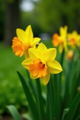 Bright yellow and orange double daffodil blooms in a lush green garden, flowers, garden, blooms