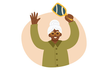 Pickleball game concept clipart. Elderly woman with paddle in the hand isolated on white. Concept of sport, active lifestyle, wellbeing. Vector flat illustration.