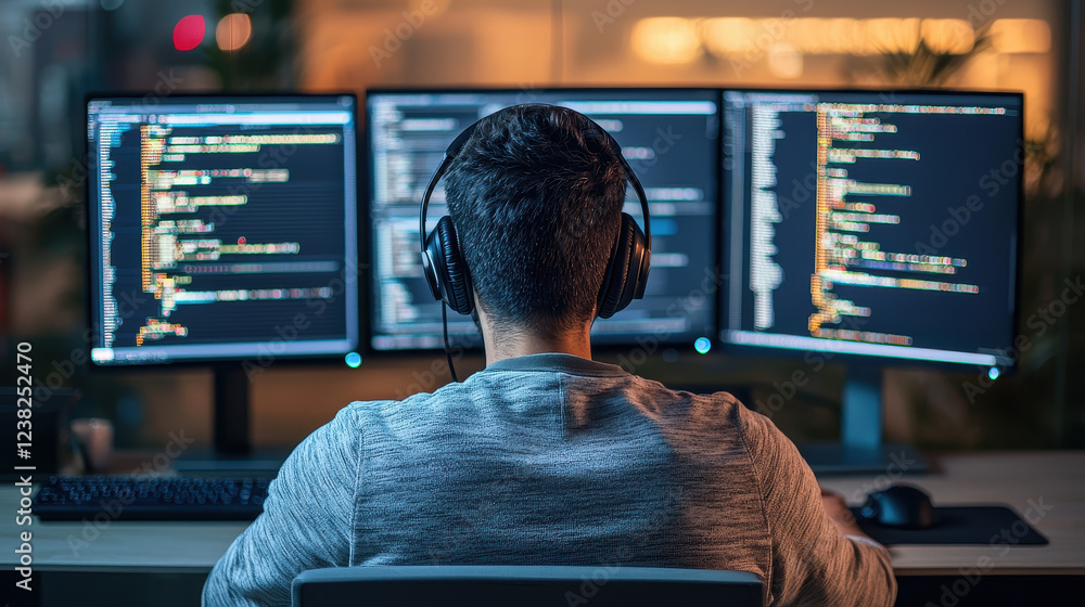 Poster cybersecurity specialist monitors real-time data on multiple screens with focused concentration