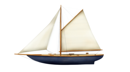 Classic sailing yacht with white sails navigating on transparent background