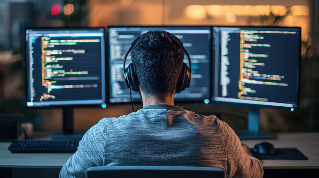 Cybersecurity specialist monitors real-time data on multiple screens with focused concentration