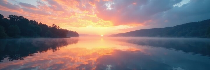 Obraz premium Calm lake waters reflected in the morning sky, tranquility, dawn