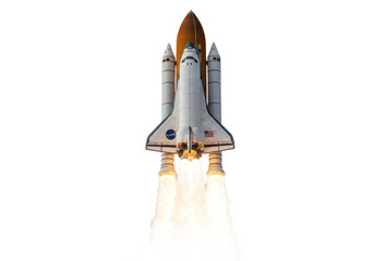A space shuttle launching with fiery thrust from its engines, isolated on a white background