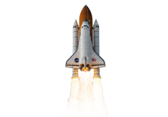 A space shuttle launching with fiery thrust from its engines, isolated on a white background