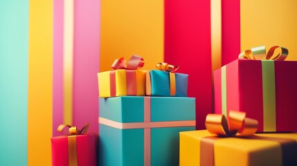 Stacked colorful gift boxes on a pastel striped background