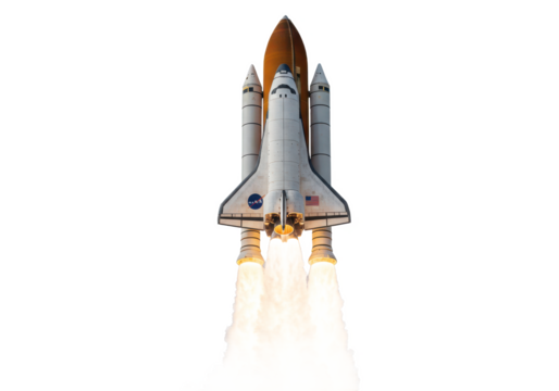 A space shuttle launching with fiery thrust from its engines, isolated on a white background