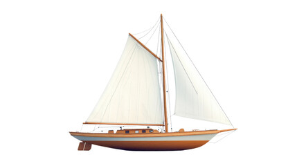 Obraz premium Classic wooden sailing boat with white sails navigating on transparent background