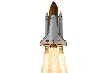 A space shuttle launching with fiery thrust from its engines, isolated on a white background
