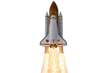 A space shuttle launching with fiery thrust from its engines, isolated on a white background