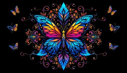 Naklejka premium Vibrant Rainbow Butterfly Mandala Art