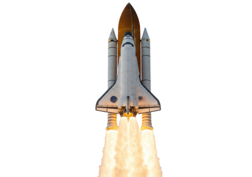 A space shuttle launching with fiery thrust from its engines, isolated on a white background