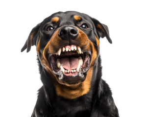 barking Rottweiler showing its sharp teeth, strong and confident, exudes playful yet fierce demeanor. This powerful dog captures attention with its expressive face and vibrant energy