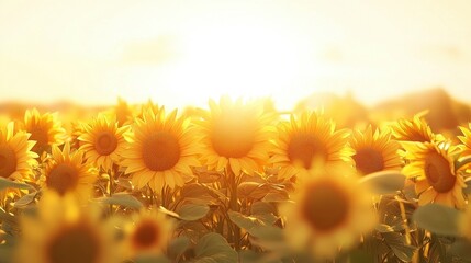Obraz premium Bright Sunlit Sunflower Field Under Golden Hour Sunshine