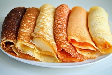 Maslenitsa. Russian pancakes with various fillings. Homemade russian thin pancakes blini. Russian food, russian kitchen.