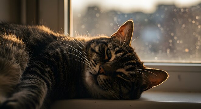 Relaxing Tabby Cat Sunbathing on Windowsill - Powered by Adobe