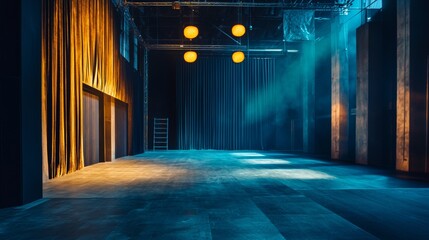 Empty theatrical stage with warm lighting and shadows