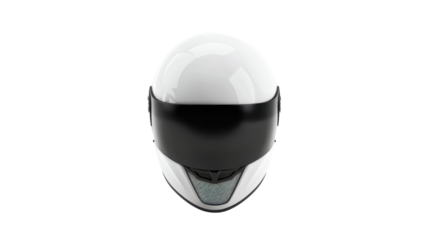 White motorcycle helmet with black visor on transparent background