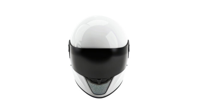 White motorcycle helmet with black visor on transparent background