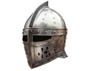 Medieval knight helmet, metallic headgear with intricate details, isolated on transparency background. Perfect for historical themes and illustrations