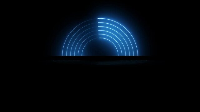 Neon glowing laser lines blue purple half circle on black background. 4K footage 3840x2160
