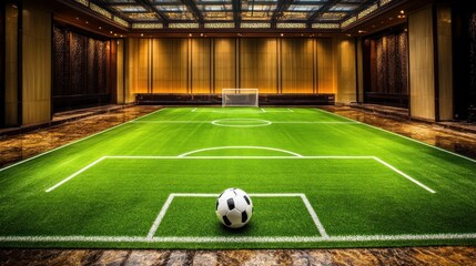 Obraz premium Indoor soccer field with ball at center.
