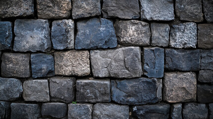 Fototapeta premium A textured stone wall made of various dark stones arranged in a structured pattern.