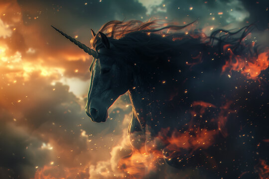 Majestuoso unicornio negro en un cielo de fantas&iacute;a con colores vibrantes.
