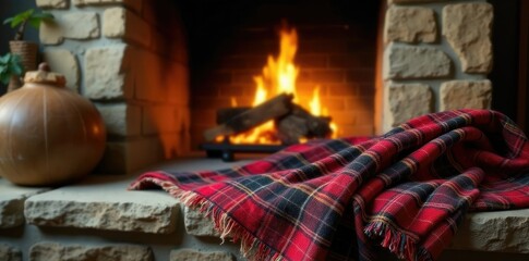 Cozy plaid blanket spread out on a stone hearth near an open burning fireplace, stone hearth, plaid blanket