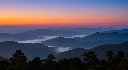 Sunrise Mountain Landscape Panorama with Misty Valley