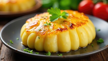 Creamy dauphinois potato with golden brown crust, baked, crispy, flavorful