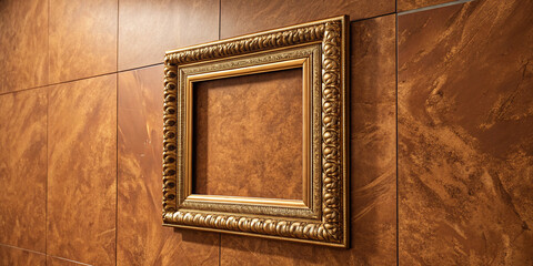 Elegant Golden Frame Mockup on a Brown Wall Background, Perfect for Art Display