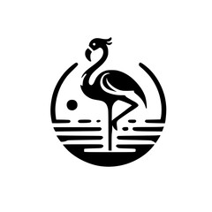 Elegant Flamingo Minimalist Logo Design: Black and White Bird Icon on Water Background