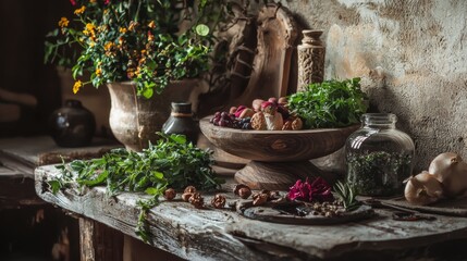 Rustic dining table with fresh produce and vintage decor