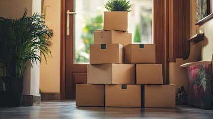 A neatly organized stack of packed boxes by the door, ready for the moving process to begin.