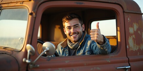 Naklejka premium Happy man in vintage truck gives thumbs up, enjoying sunset road trip. Positive vibes!