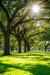 Obraz premium Sun-Drenched Serenity Tranquil Green Meadow with Majestic Trees and Golden Sunlight, 8k