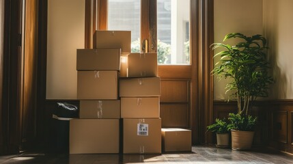 A neatly organized stack of packed boxes by the door, ready for the moving process to begin.